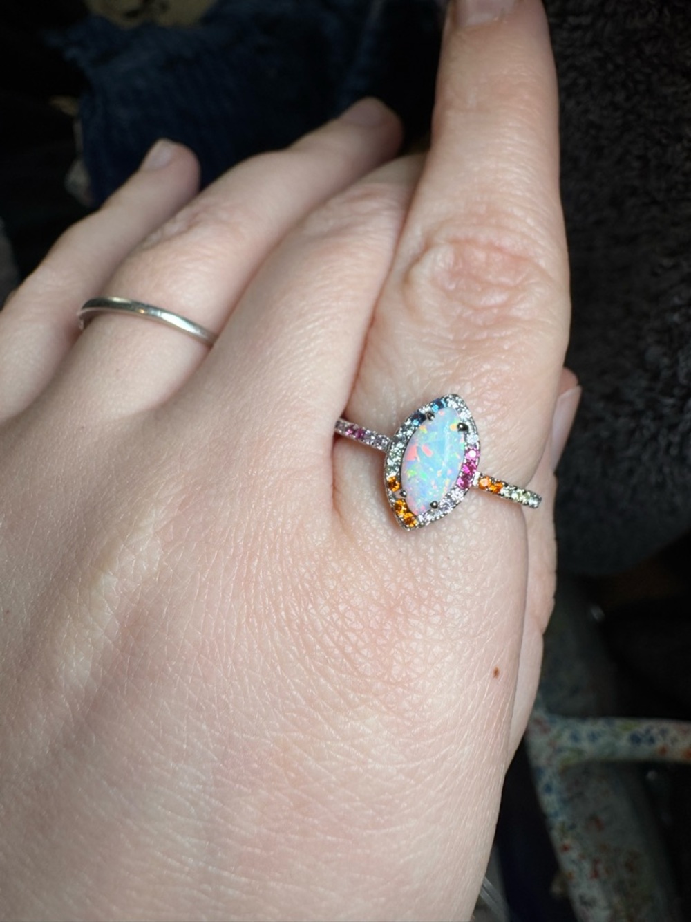 Sterling Silver Opal Marquise Halo Ring with Rainbow Accents